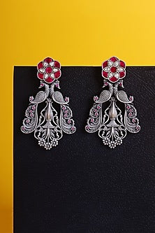 White Finish Kundan Polki Temple Peacock Earrings In Sterling Silver