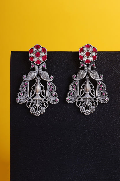 White Finish Kundan Polki Temple Peacock Earrings In Sterling Silver