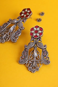 White Finish Kundan Polki Temple Peacock Earrings In Sterling Silver