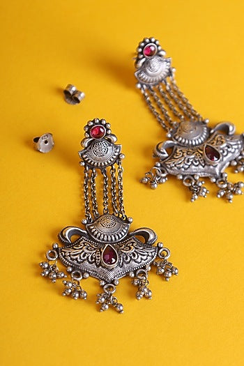 White Finish Kundan Polki Temple Dangler Earrings In Sterling Silver