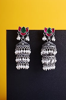 White Finish Kundan Polki Temple Jhumka Earrings In Sterling Silver