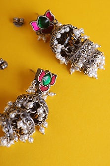 White Finish Kundan Polki Temple Jhumka Earrings In Sterling Silver