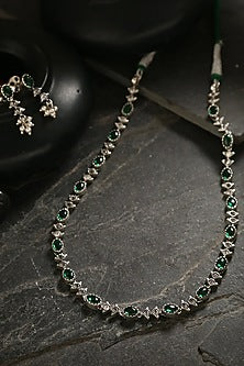 White Finish Green Kemp Stone Necklace Set In Sterling Silver