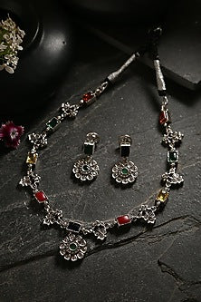 White Finish Multi-Colored Kemp Stone Necklace Set In Sterling Silver