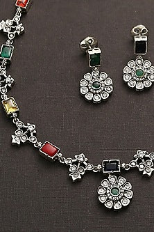 White Finish Multi-Colored Kemp Stone Necklace Set In Sterling Silver