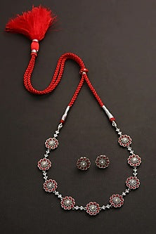 White Finish Red Kemp Stone Necklace Set In Sterling Silver
