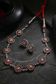 White Finish Red Kemp Stone Necklace Set In Sterling Silver