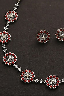 White Finish Red Kemp Stone Necklace Set In Sterling Silver