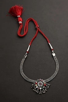 White Finish Multi-Colored Kemp Stone Tribal Necklace In Sterling Silver