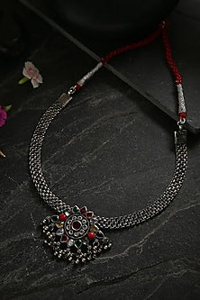 White Finish Multi-Colored Kemp Stone Tribal Necklace In Sterling Silver