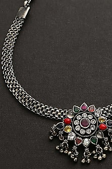 White Finish Multi-Colored Kemp Stone Tribal Necklace In Sterling Silver