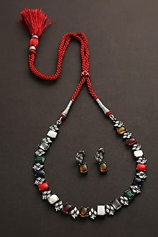White Finish Multi-Colored Stone Tribal Necklace Set In Sterling Silver