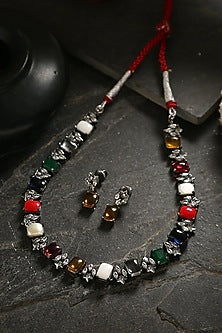 White Finish Multi-Colored Stone Tribal Necklace Set In Sterling Silver