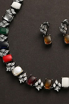 White Finish Multi-Colored Stone Tribal Necklace Set In Sterling Silver