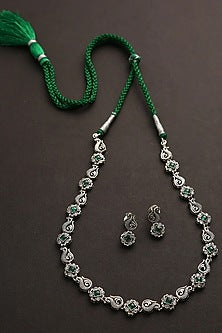 White Finish Green Kemp Stone Necklace Set In Sterling Silver