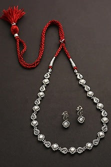 White Finish Pearl Long Necklace Set In Sterling Silver