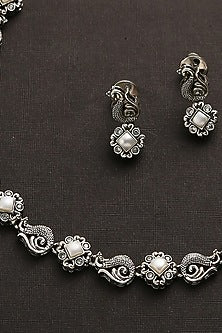 White Finish Pearl Long Necklace Set In Sterling Silver