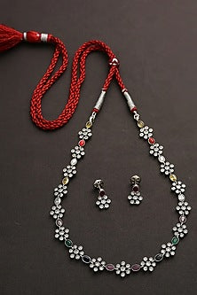 White Finish Multi-Colored Kemp Stone Long Necklace Set In Sterling Silver