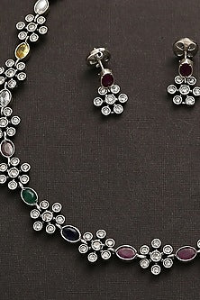 White Finish Multi-Colored Kemp Stone Long Necklace Set In Sterling Silver
