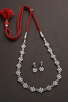 White Finish Pink Kemp Stone Long Necklace Set In Sterling Silver