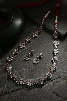 White Finish Pink Kemp Stone Long Necklace Set In Sterling Silver