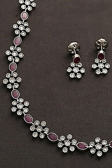 White Finish Pink Kemp Stone Long Necklace Set In Sterling Silver