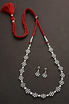 White Finish Pearl Long Necklace Set In Sterling Silver