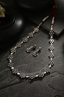 White Finish Pearl Long Necklace Set In Sterling Silver