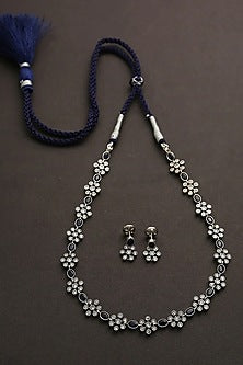 White Finish Blue Kemp Stone Long Necklace Set In Sterling Silver