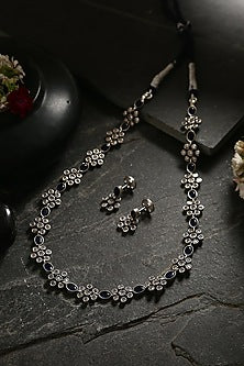 White Finish Blue Kemp Stone Long Necklace Set In Sterling Silver