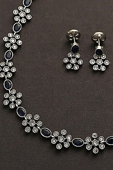 White Finish Blue Kemp Stone Long Necklace Set In Sterling Silver