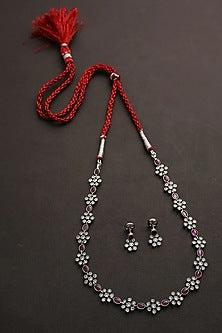 White Finish Pink Kemp Stone Long Necklace Set In Sterling Silver