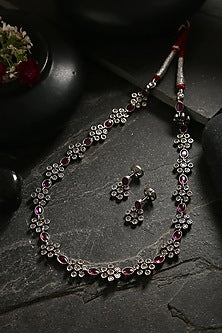 White Finish Pink Kemp Stone Long Necklace Set In Sterling Silver