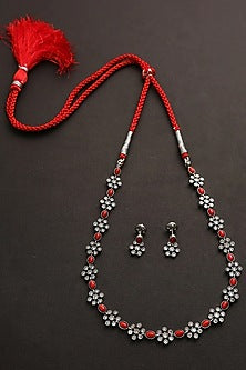 White Finish Red Kemp Stone Long Necklace Set In Sterling Silver