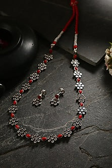 White Finish Red Kemp Stone Long Necklace Set In Sterling Silver