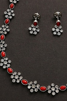 White Finish Red Kemp Stone Long Necklace Set In Sterling Silver