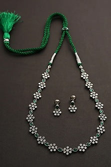 White Finish Green Kemp Stone Long Necklace Set In Sterling Silver
