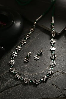 White Finish Green Kemp Stone Long Necklace Set In Sterling Silver