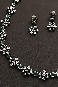 White Finish Green Kemp Stone Long Necklace Set In Sterling Silver