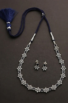 White Finish Blue Kemp Stone Long Necklace Set In Sterling Silver
