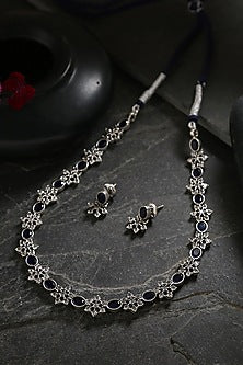 White Finish Blue Kemp Stone Long Necklace Set In Sterling Silver