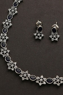 White Finish Blue Kemp Stone Long Necklace Set In Sterling Silver