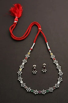 White Finish Multi-Colored Kemp Stone Long Necklace Set In Sterling Silver