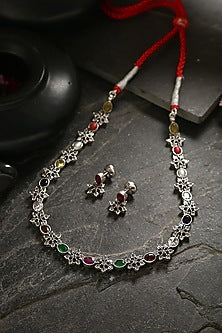 White Finish Multi-Colored Kemp Stone Long Necklace Set In Sterling Silver