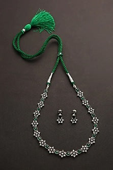 White Finish Green Kemp Stone Long Necklace Set In Sterling Silver