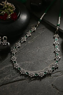 White Finish Green Kemp Stone Long Necklace Set In Sterling Silver