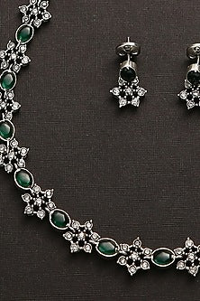 White Finish Green Kemp Stone Long Necklace Set In Sterling Silver