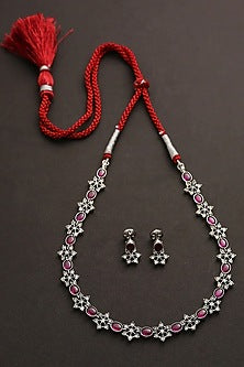 White Finish Pink Kemp Stone Long Necklace Set In Sterling Silver