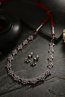 White Finish Pink Kemp Stone Long Necklace Set In Sterling Silver