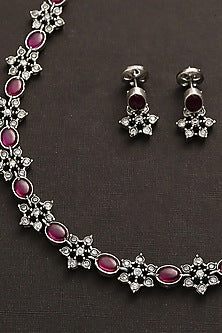 White Finish Pink Kemp Stone Long Necklace Set In Sterling Silver